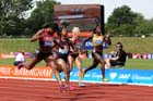 Womens 200 metres, from left to right: Blessing Okagbare, Shelly-Ann Fraser-Pryce, Anthonique Strachan, Mariya Ryemyen and Anyika Onuora, IAAF Diamond League, Birmingham.
